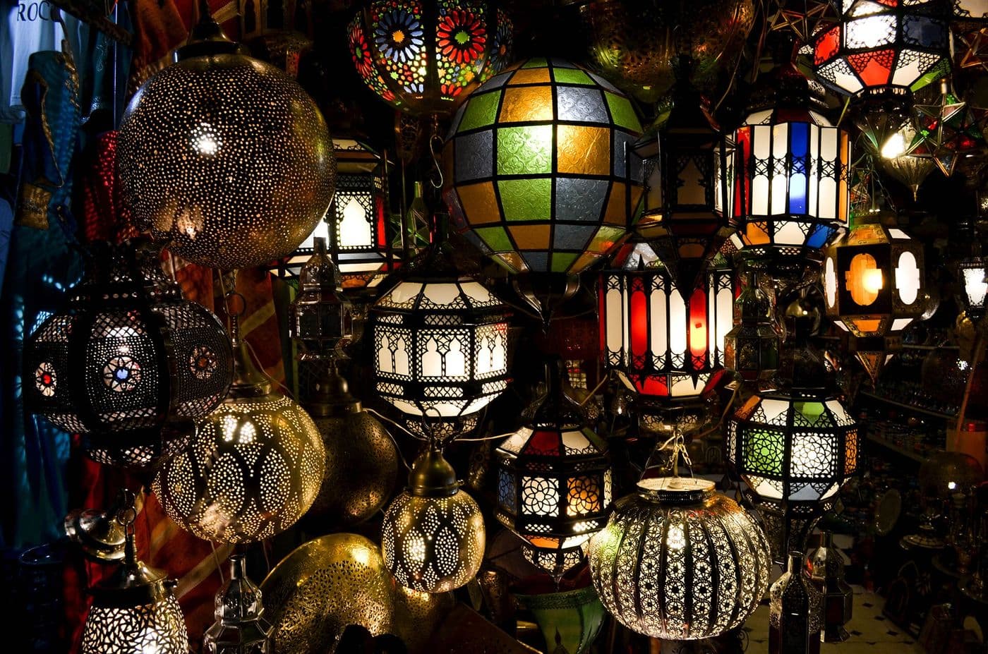 Hanging Moroccan lanterns casting light